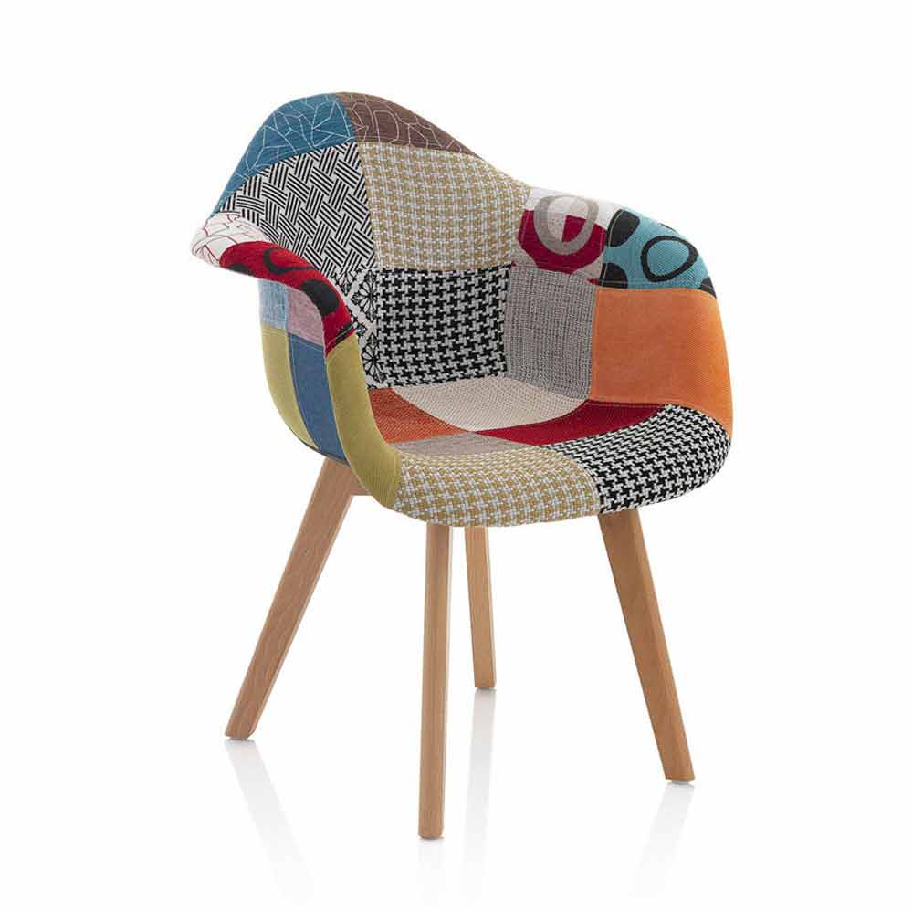 2 Modern Patchwork Armchairs in Fabric and Oak Color Wood