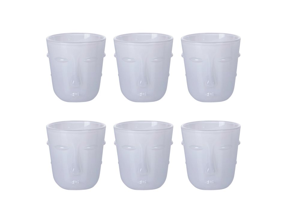12 Water Glasses 300 ml in Glass with White Face Decoration - Facial Viadurini