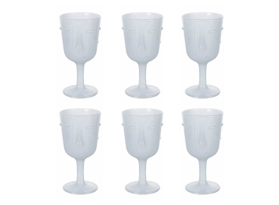 12 300 ml Glass Goblets with White Face Decoration - Facial Viadurini