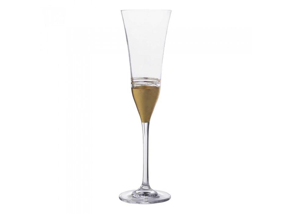 12 Crystal Flute Goblets with Luxury Gold Bronze or Platinum Leaf - Soffio