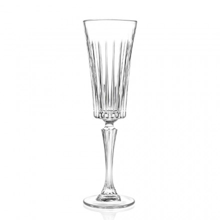12 Flute Glasses for Sparkling Wine with Linear Cuts Decoration in Eco Crystal - Senzatempo Viadurini