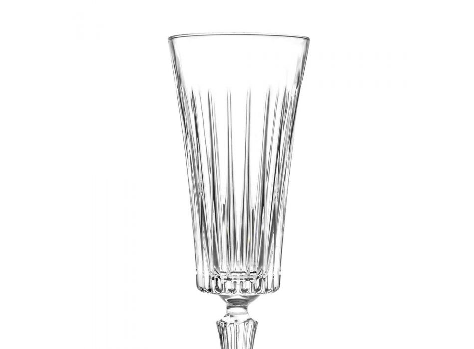 12 Flute Glasses for Sparkling Wine with Linear Cuts Decoration in Eco Crystal - Senzatempo