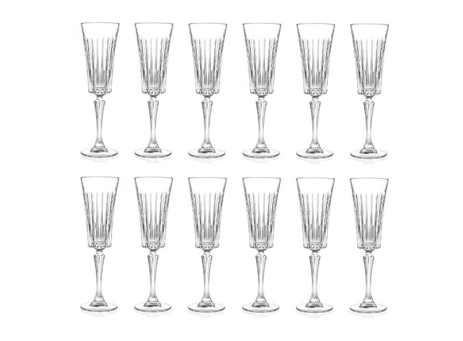 12 Flute Glasses for Sparkling Wine with Linear Cuts Decoration in Eco Crystal - Senzatempo