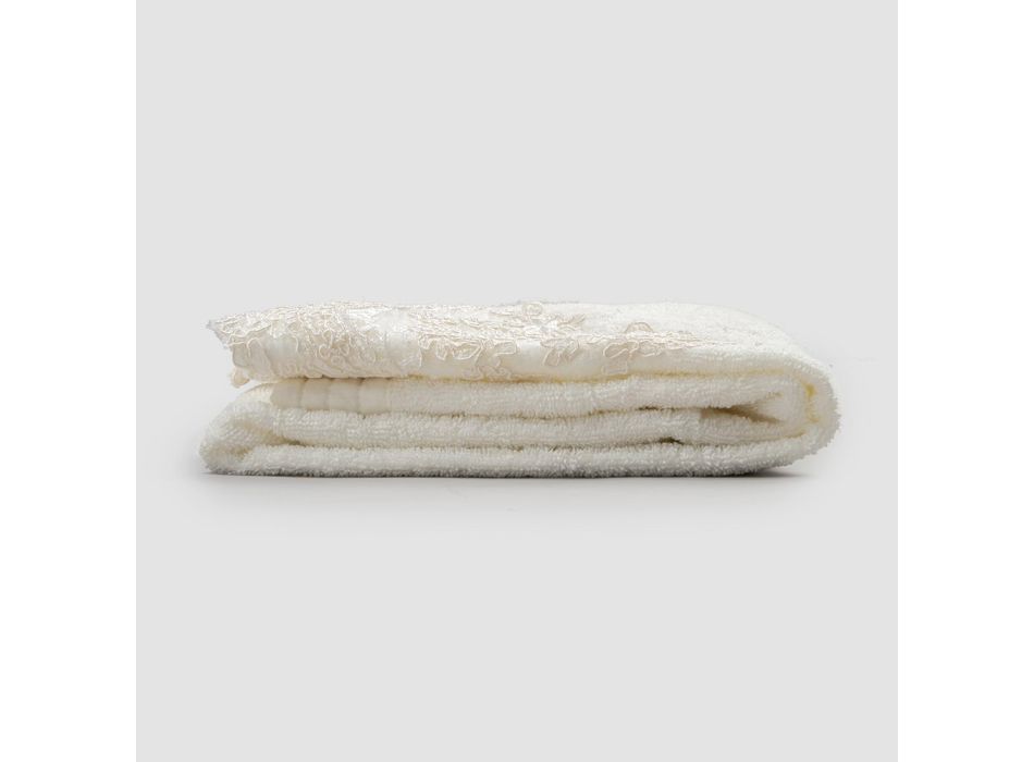 2 Cotton Terry Face Towels with Lace and Linen Blend Border - Ginova Viadurini