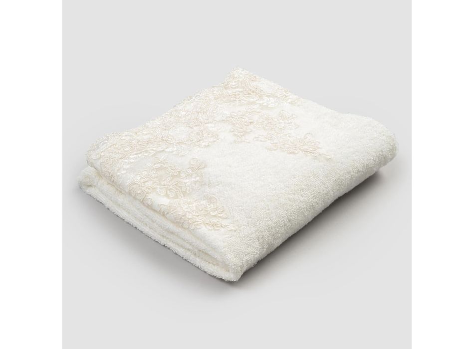 2 Cotton Terry Face Towels with Lace and Linen Blend Border - Ginova Viadurini