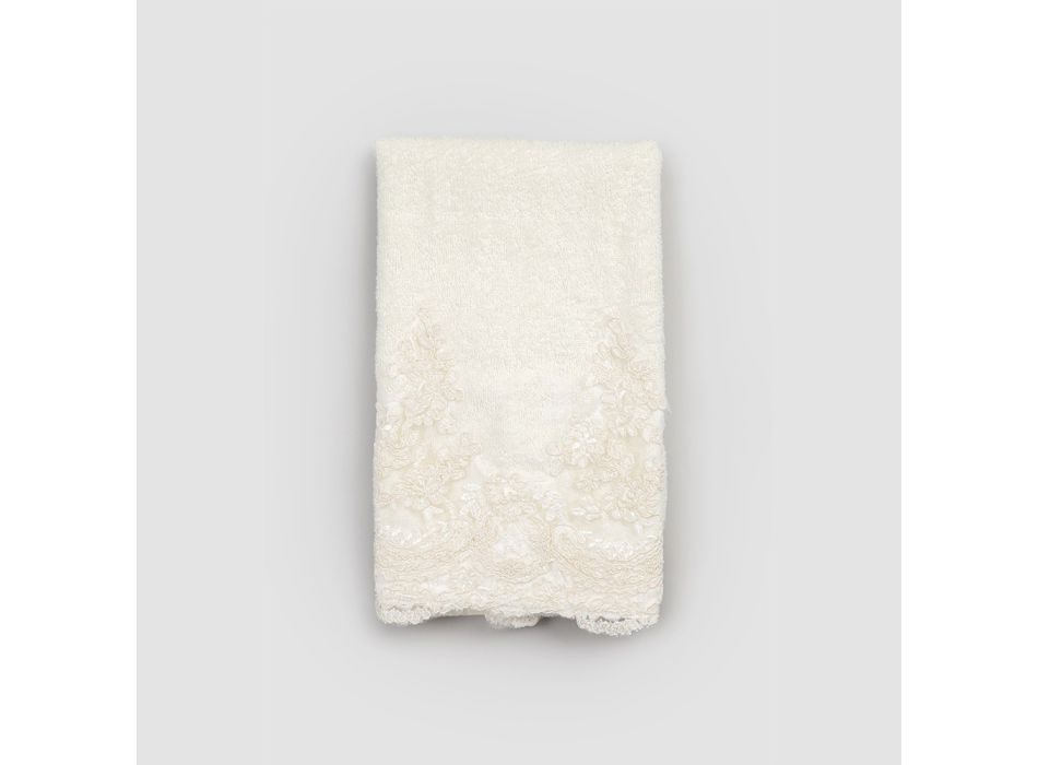 2 Guest Towels in Cotton Terry and Linen Blend Border with Lace - Ginova Viadurini