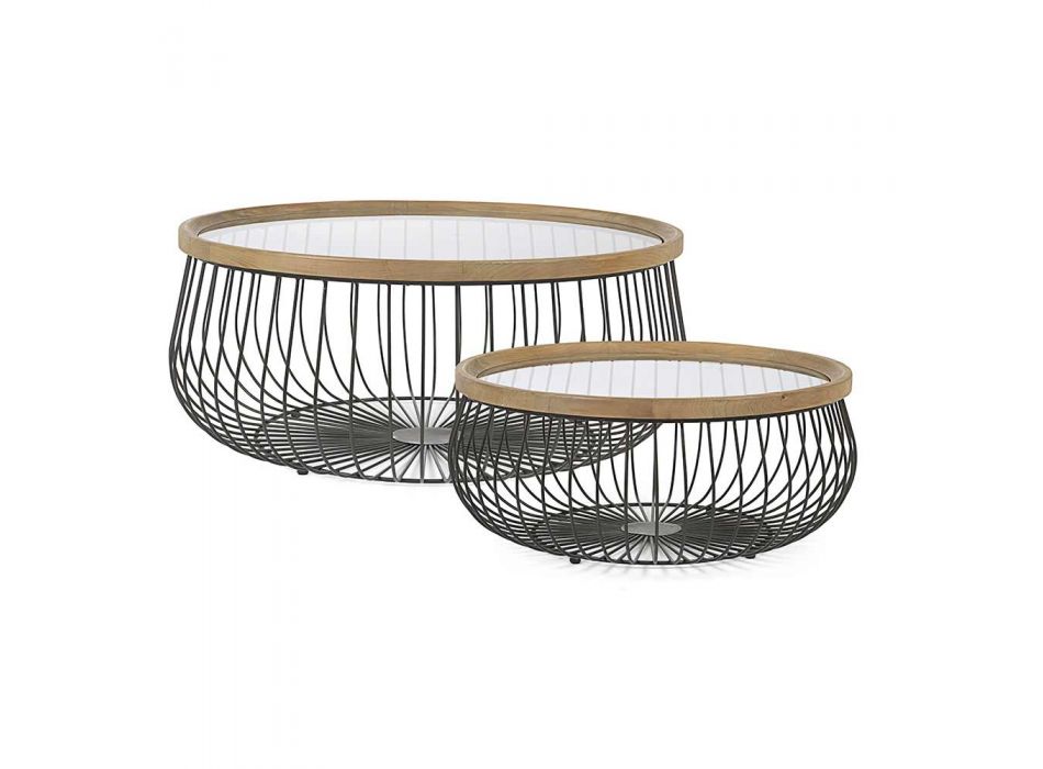 2 Homemotion Coffee Tables with Round Glass and Wood Top - Randolo