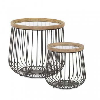 2 Homemotion Coffee Tables with Round Glass and Wood Top - Randolo
