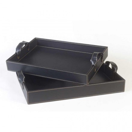 2 design trays in black leather 41x28x5cm and 45x32x6cm Anastasia Viadurini