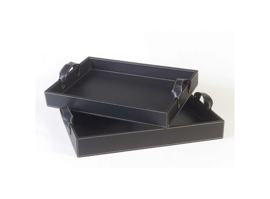 2 design trays in black leather 41x28x5cm and 45x32x6cm Anastasia