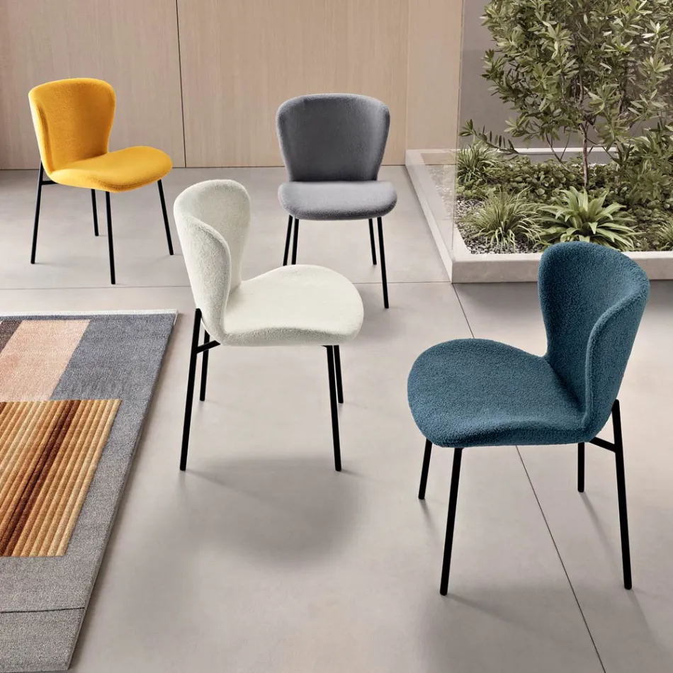 4 Upholstered Chairs in Bouclè Fabric and Black Metal Frame - Tiziana Viadurini