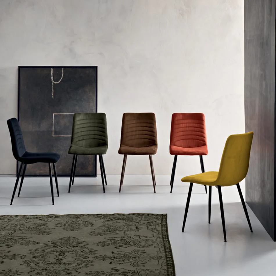4 Upholstered Chairs in Ribbed Fabric and Metal Frame - Eliana Viadurini