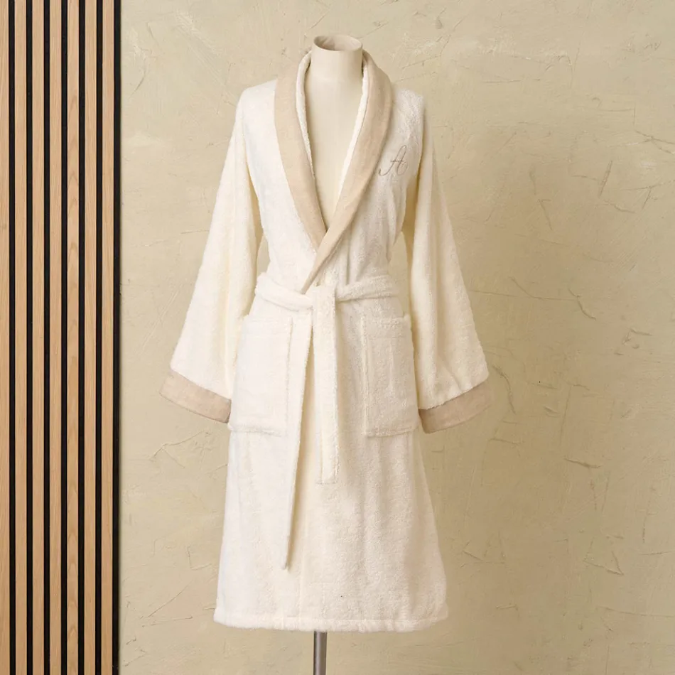 Cotton Terry Shawl Collar Bathrobe with Linen Ruffle and Monogram - Softness Viadurini