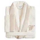 Cotton Terry Shawl Collar Bathrobe with Linen Ruffle and Monogram - Softness Viadurini