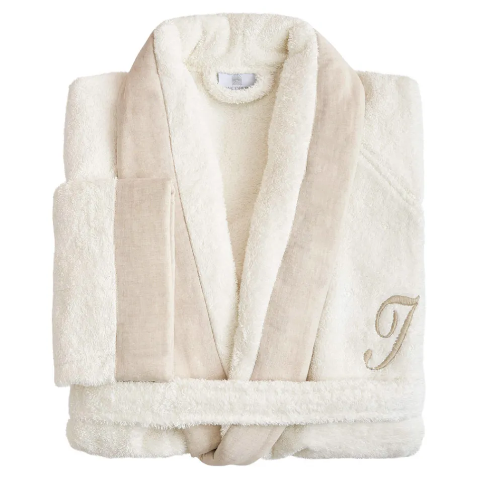 Cotton Terry Shawl Collar Bathrobe with Linen Ruffle and Monogram - Softness Viadurini