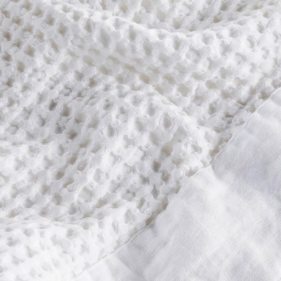 Cotton Honeycomb Hooded Bathrobe with Linen Frill - Plush Viadurini