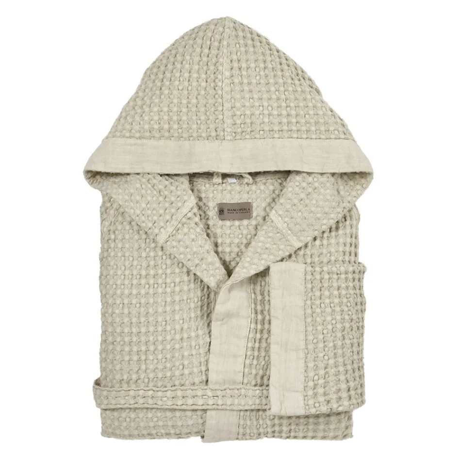 Cotton Honeycomb Hooded Bathrobe with Linen Frill - Plush Viadurini