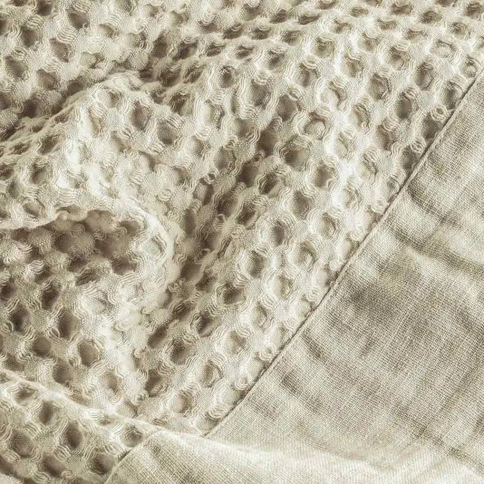 Cotton Honeycomb Hooded Bathrobe with Linen Frill - Plush Viadurini