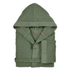 Cotton Honeycomb Hooded Bathrobe with Linen Frill - Plush Viadurini