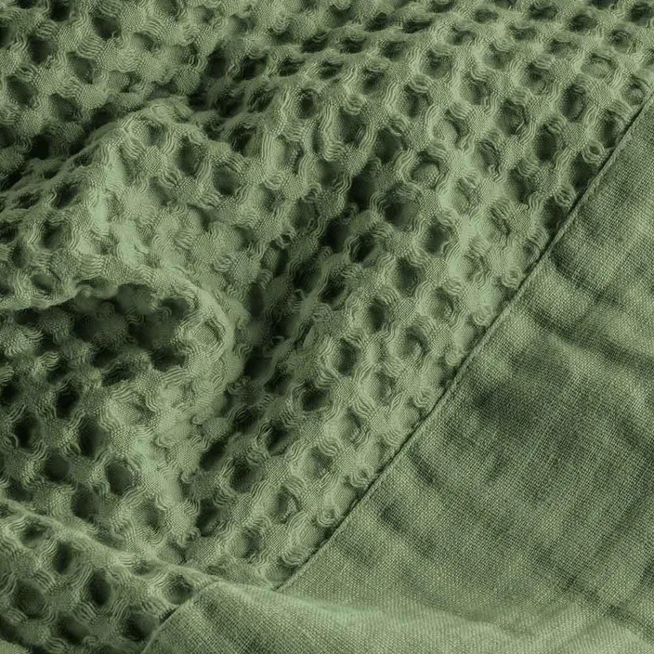 Cotton Honeycomb Hooded Bathrobe with Linen Frill - Plush Viadurini