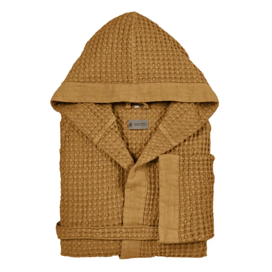 Cotton Honeycomb Hooded Bathrobe with Linen Frill - Plush Viadurini