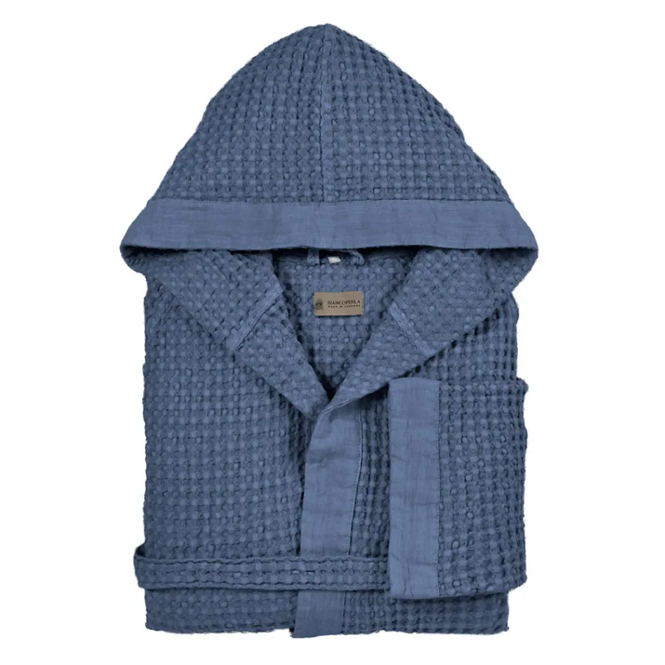 Cotton Honeycomb Hooded Bathrobe with Linen Frill - Plush Viadurini