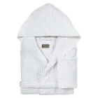 Cotton Honeycomb Hooded Bathrobe with Linen Frill - Plush Viadurini
