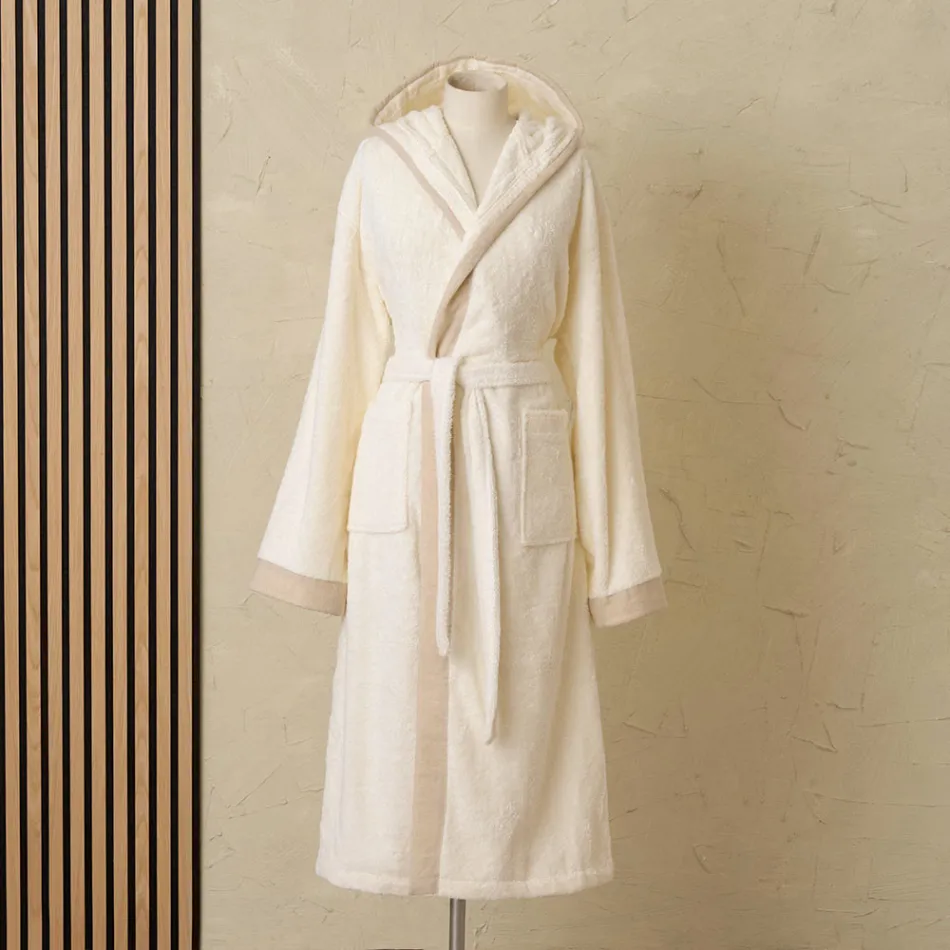Cotton Terry Hooded Bathrobe with Linen Frill - Mellow Viadurini