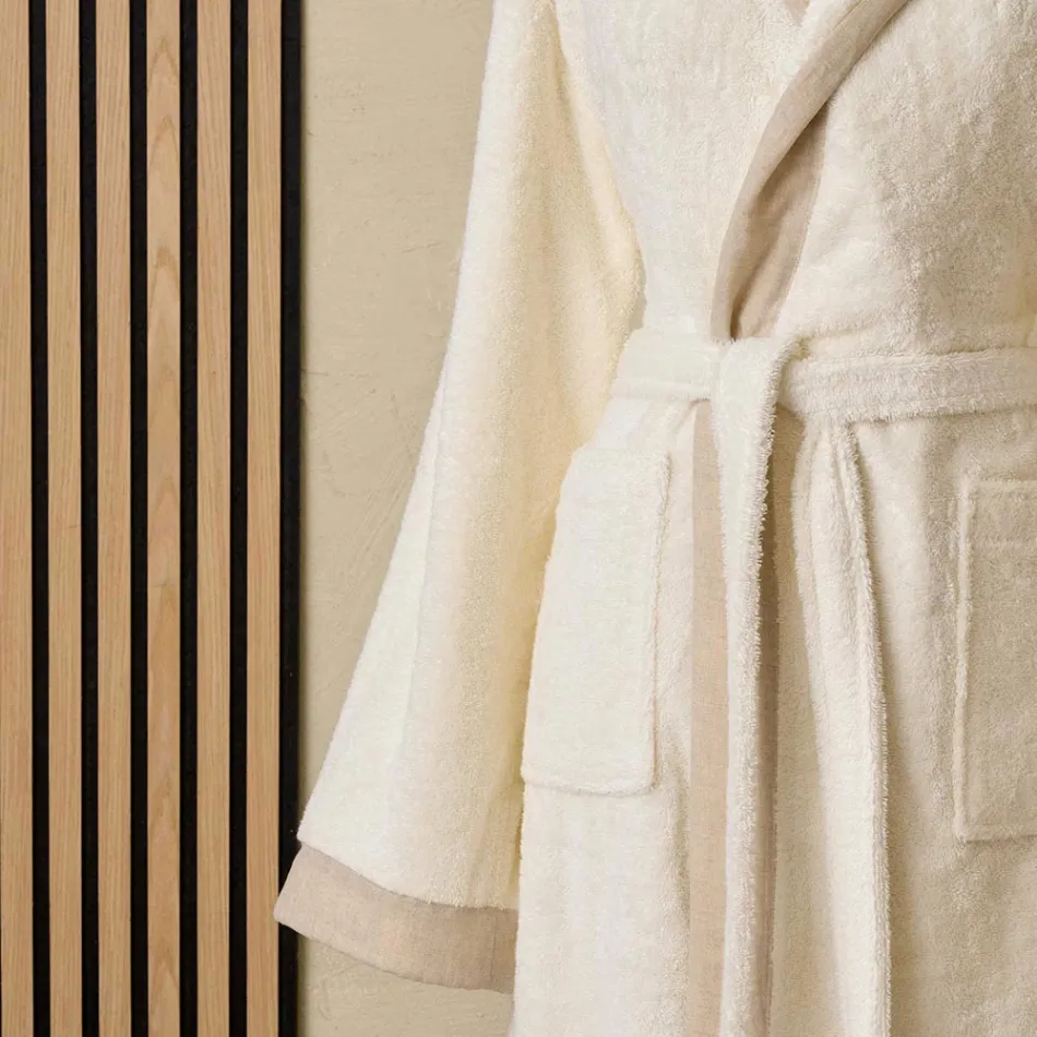 Cotton Terry Hooded Bathrobe with Linen Frill - Mellow Viadurini