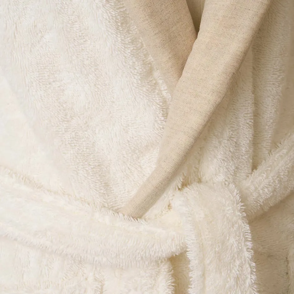 Cotton Terry Shawl Collar Bathrobe with Linen Frill - Mellow Viadurini