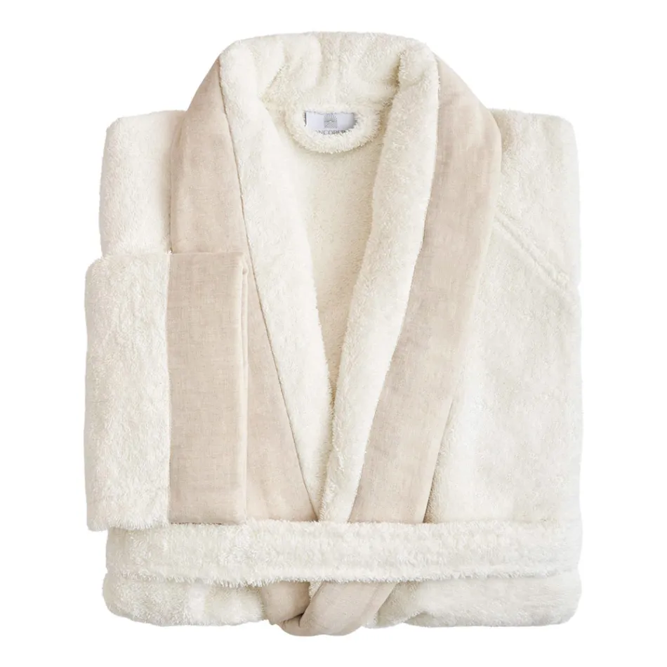 Cotton Terry Shawl Collar Bathrobe with Linen Frill - Mellow Viadurini