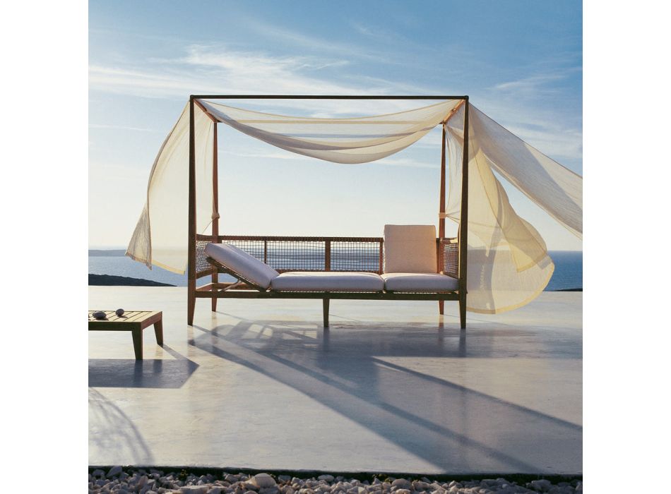 Outdoor Alcove in Teak with Curtain and Cushions Made in Italy - Oracle Viadurini