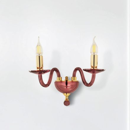 Classic 2 Lights Wall Lamp in Handmade Italian Glass and Gold Metal - Oliver Viadurini