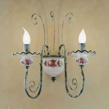 2 Lights Wall Lamp in Hand-Decorated Ceramic and Antique Brass - Sanremo