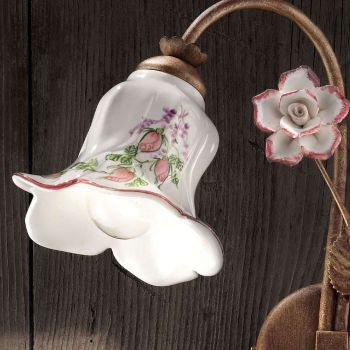2 Lights Wall Lamp in Metal and Hand-Decorated Ceramic with Rose - Pisa