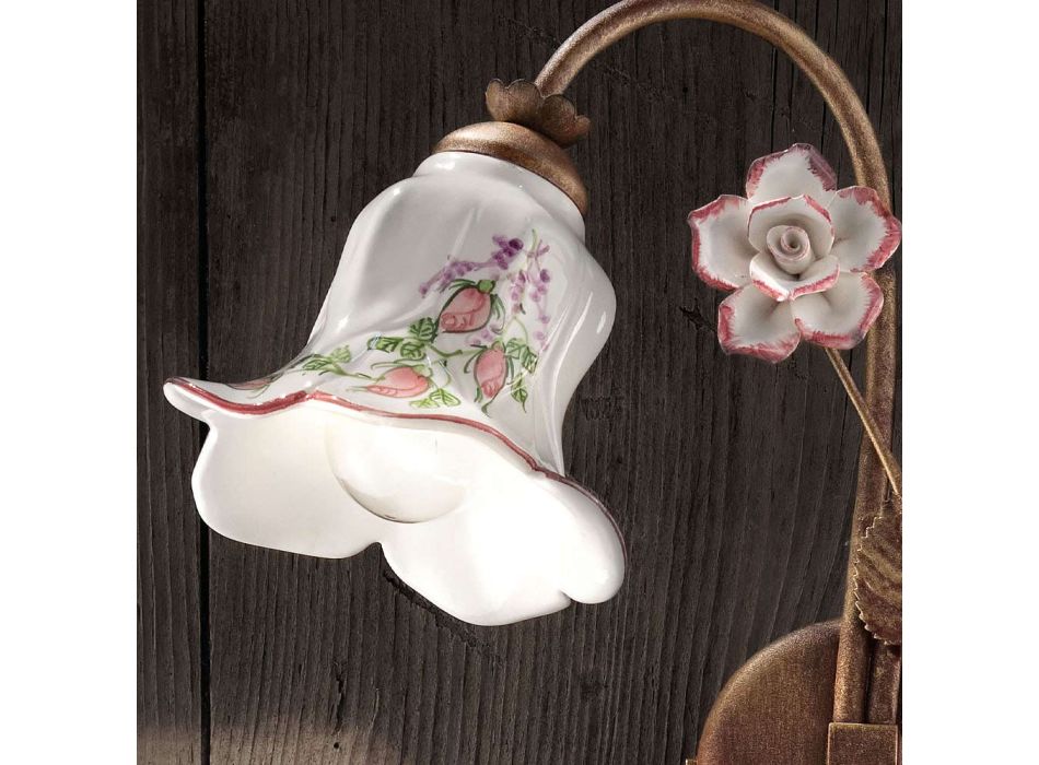 2 Lights Wall Lamp in Metal and Hand-Decorated Ceramic with Rose - Pisa Viadurini