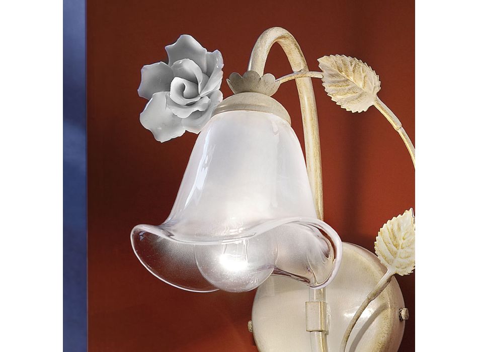 Applique in Iron and Sandblasted Glass with Rose of Ceramic Decoration - Siena Viadurini