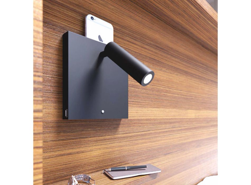 Decorative Led Wall Lamp in White or Black Aluminum with USB Ports - Paola Viadurini