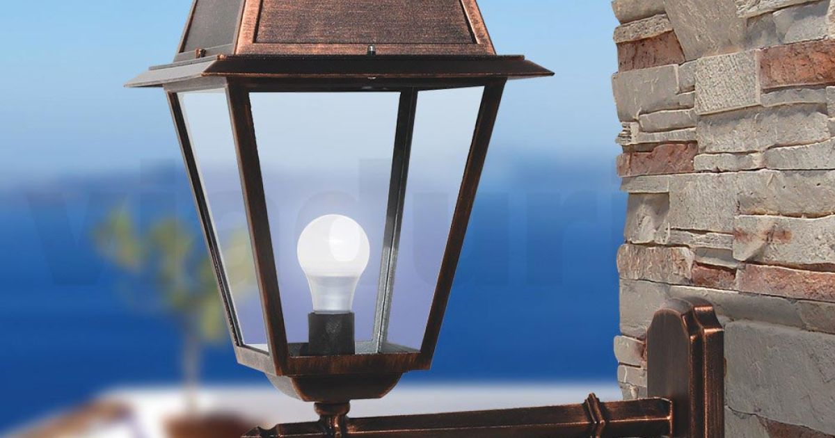 Outdoor Wall Lamp Hong Kong With Motion Detector, Wall Light Upwards In Antique Look, Cast Aluminium In Brown/Gold With Clear Glass Panes, Wall Lamp For Yard, E27 Socket, Retro/Vintage, Without Bulb