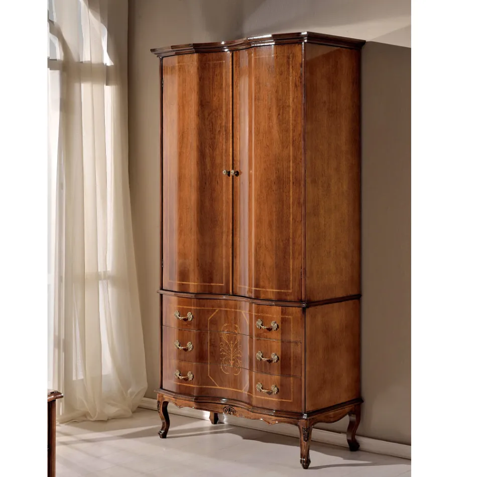 Classic Wooden Wardrobe with 2 Doors and 3 Drawers Made in Italy - Luxury Viadurini