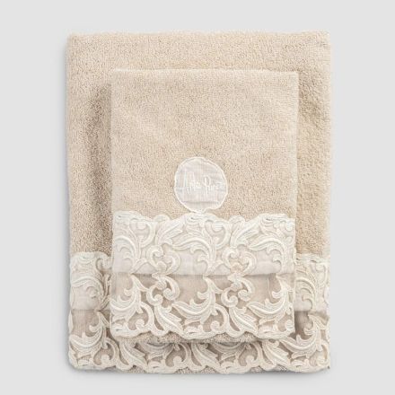 Face and Guest Towels in Cotton Terry with Luxury Farnese Lace - Newlyweds Viadurini