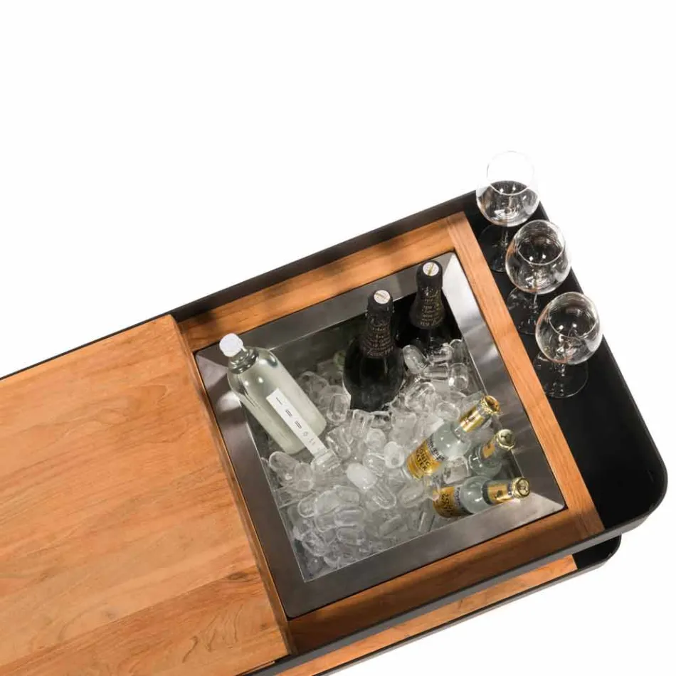 Modern Mobile Bar on Wheels Design with Wooden and Steel Table - Giancalliope Viadurini