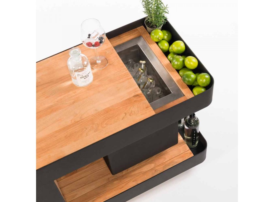 Modern Mobile Bar on Wheels Design with Wooden and Steel Table - Giancalliope Viadurini