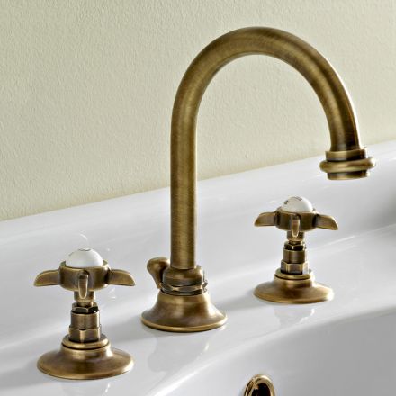 3 Hole Basin Mixer with High Spout in Brass and Butterfly Handles - Miriano Viadurini