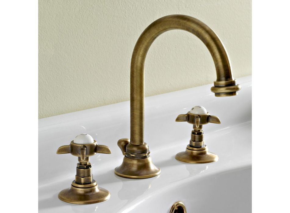 3-hole basin mixer with high spout in brass and butterfly handles - Miriano
