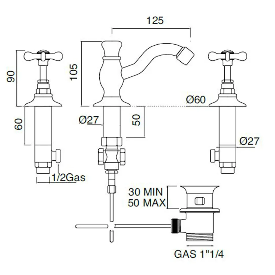 3 Hole Basin Mixer with Classic Handmade Brass Drain - Fioretta Viadurini