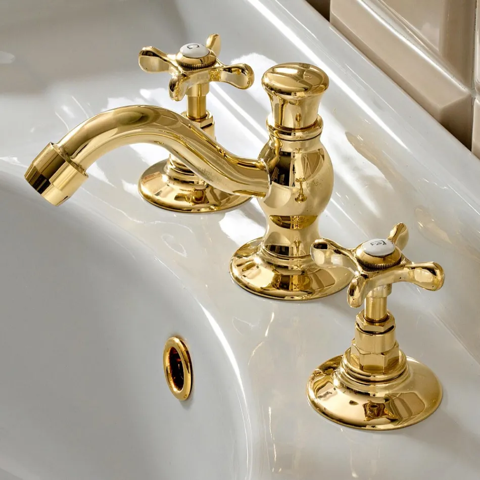3 Hole Basin Mixer with Classic Handmade Brass Drain - Fioretta Viadurini