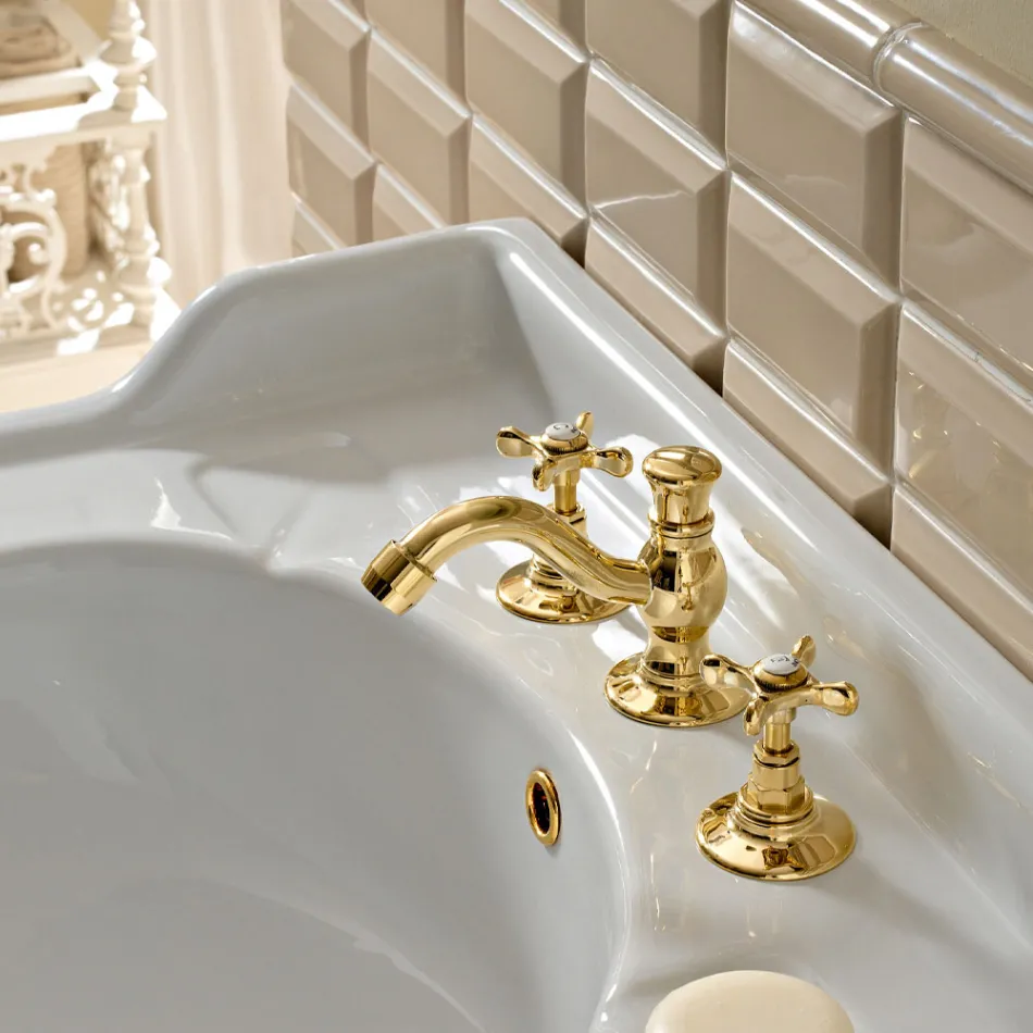 3 Hole Basin Mixer with Classic Handmade Brass Drain - Fioretta Viadurini