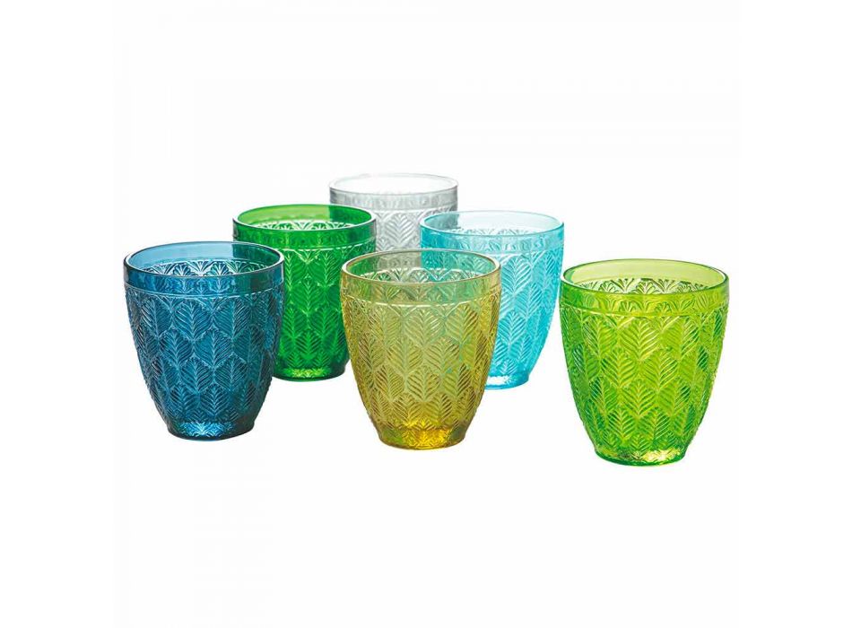 Colored Glass Water Glasses with Leaf Decoration, 12 Pieces - Indonesia Viadurini