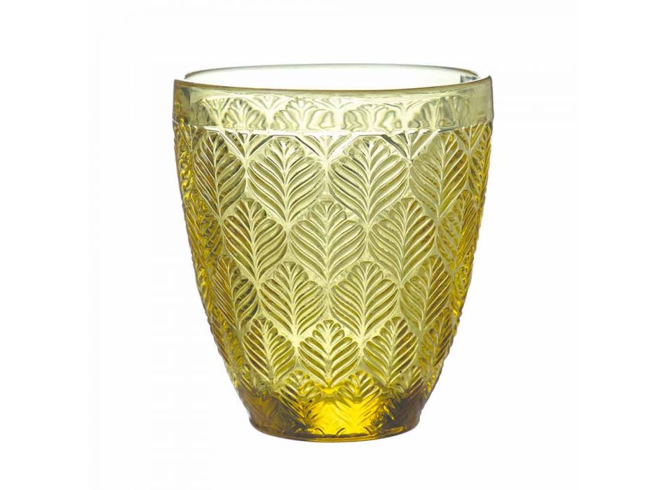 Colored Glass Water Glasses with Leaf Decoration, 12 Pieces - Indonesia Viadurini
